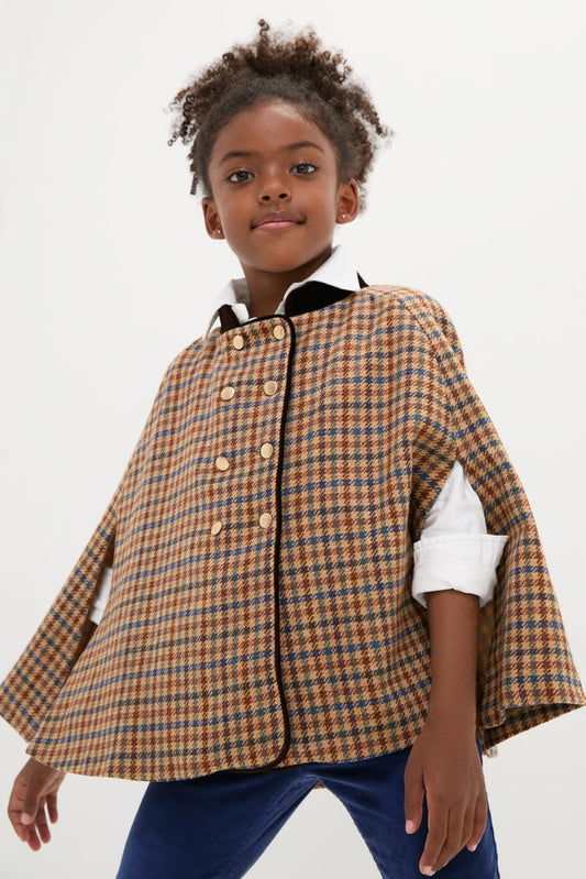 Checked Double Breasted Cape in Brown