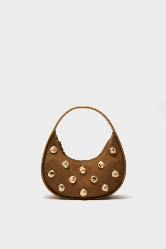 Camel Finn Studded Suede Shoulder Bag