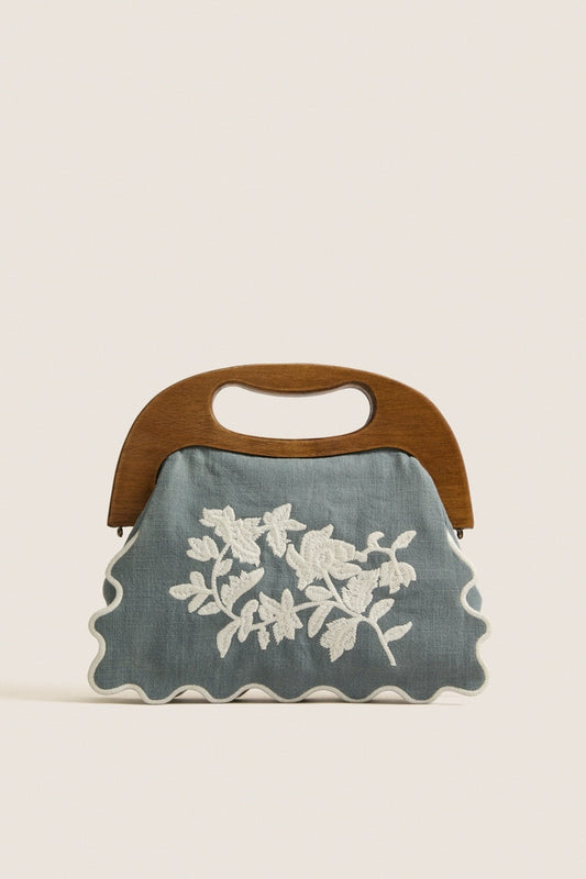 Chambray Floral Bermuda Wooden Handle Bag