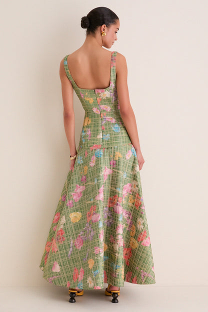 Cactus Multi Floral Raffia Poplin Square Neck Dress