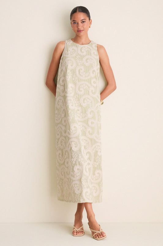 Celadon Scroll Embroidered Portia Dress