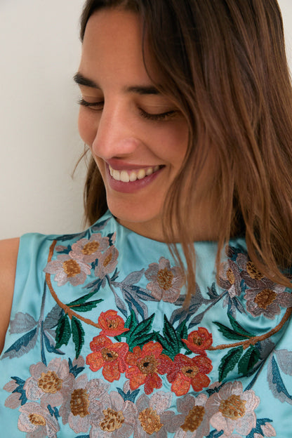 Cameo Blossom Embroidered Duchess Satin Agnes Dress