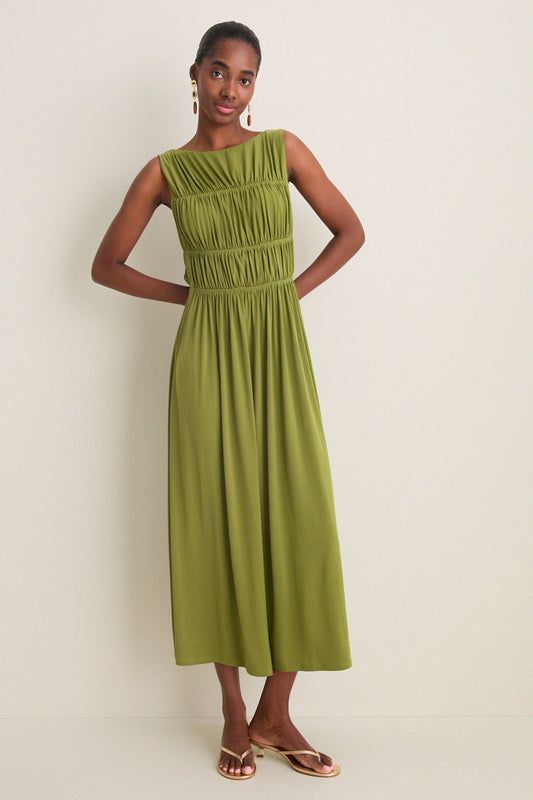 Cedar Green Crepe Jersey Smocked Aurelia Dress