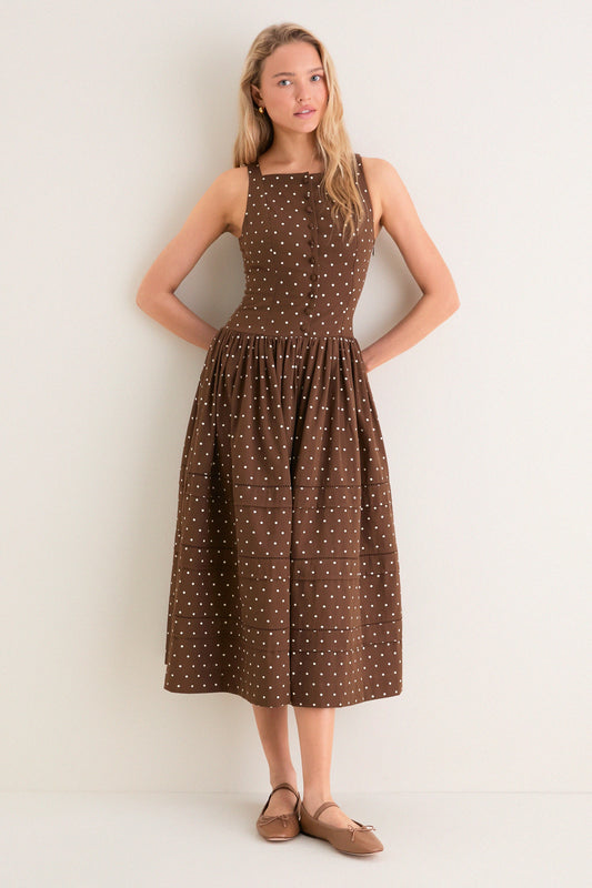 Brown and Ivory Polka Dot Stella Midi Dress