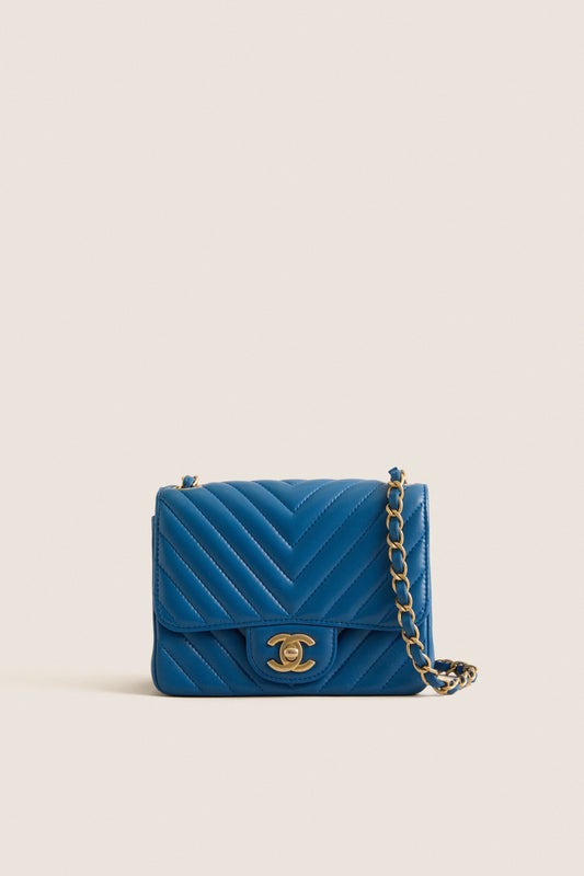 CHANEL V Stitch Blue Chevron Single Flap Chain Bag