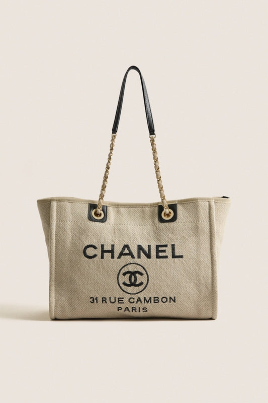 CHANEL Beige Black Canvas Deauville Tote Bag