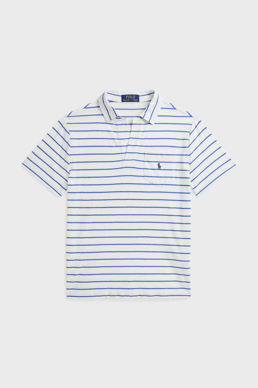 Boys White Short-Sleeve Cotton Linen Jersey Striped Johnny Collar Polo