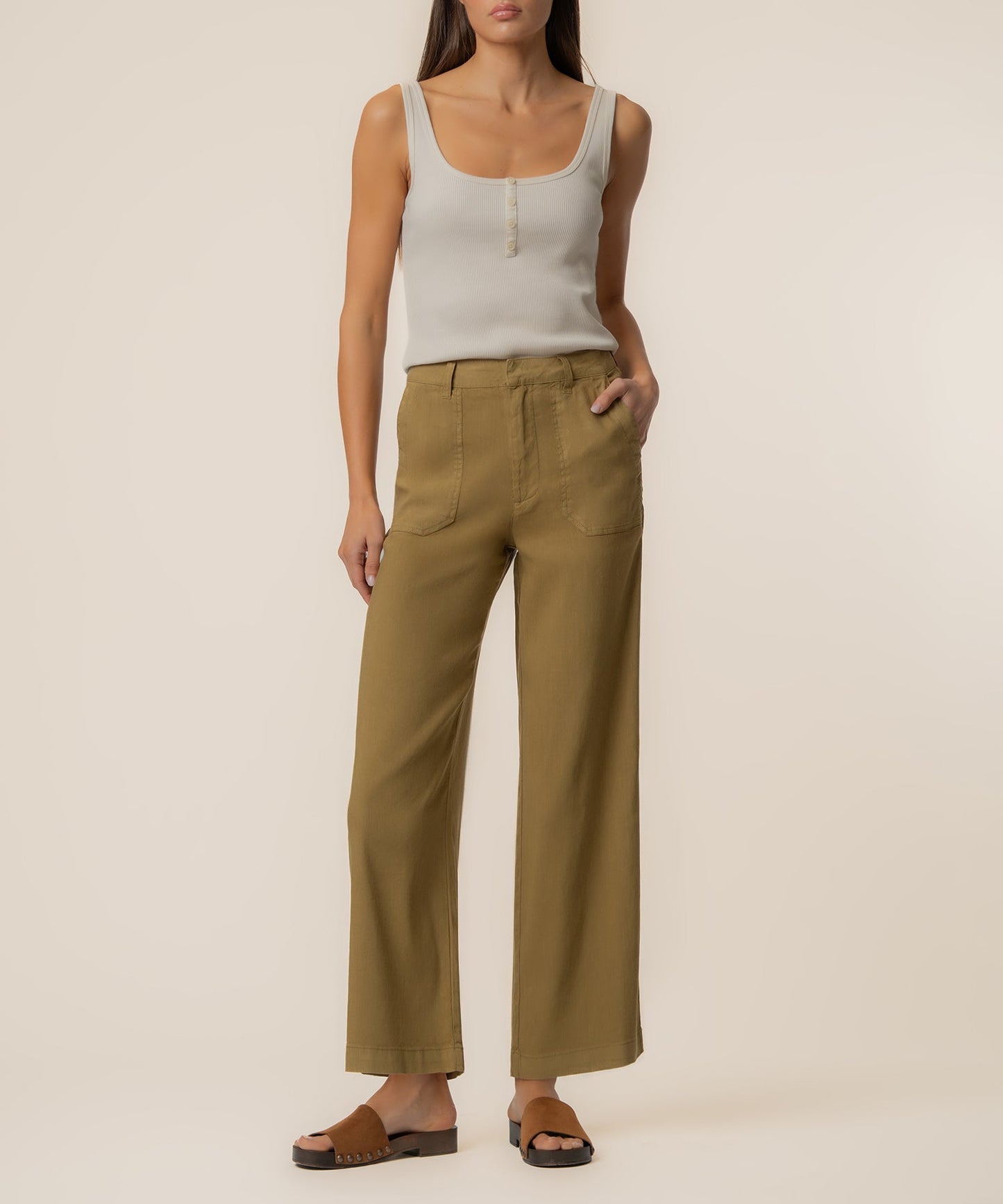 Topaz Linen Wide Leg, Petite in Artichoke