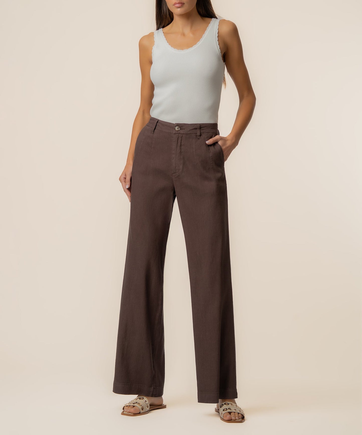 Meg Linen High Rise Wide Straight Leg, Petite in Chocolate