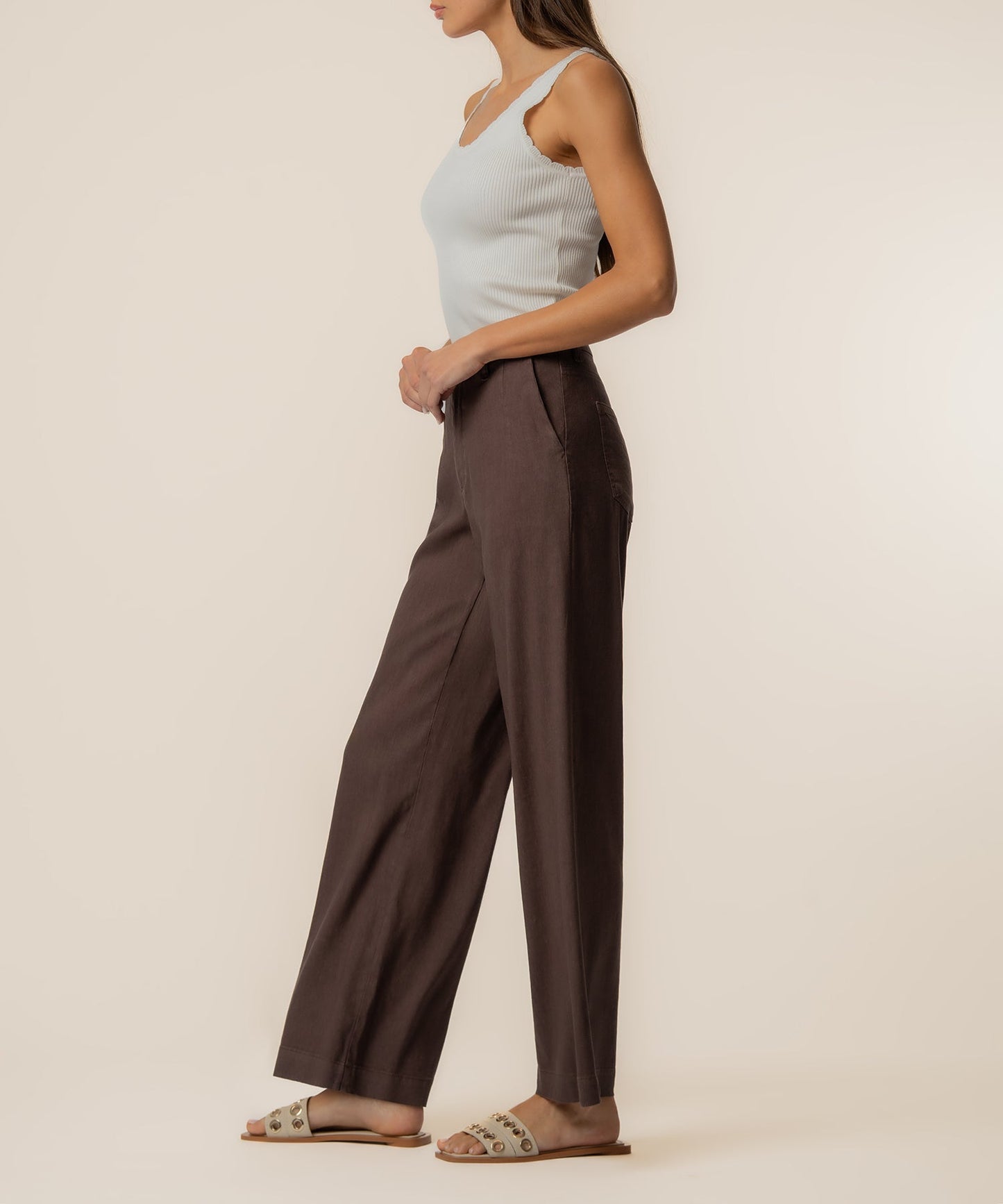 Meg Linen High Rise Wide Straight Leg, Petite in Chocolate